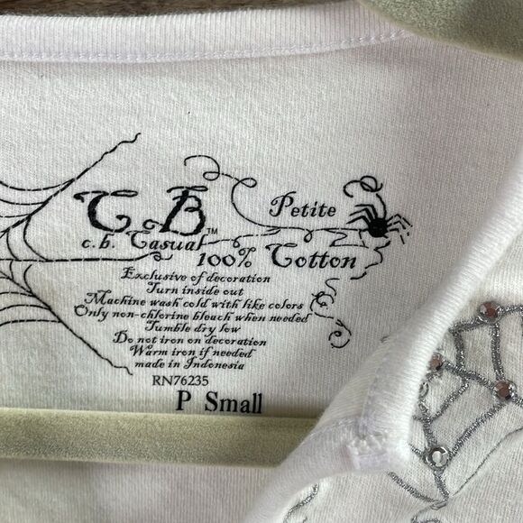 C.B. Casual Petite Small Top, White with Black Spiders & Silver Web Embroidery - Picture 3 of 8